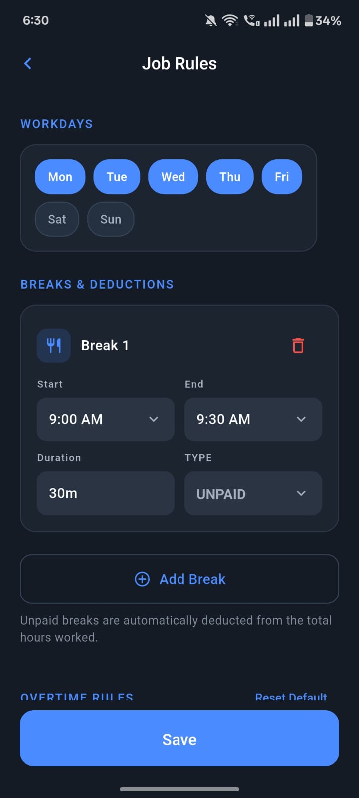 Job rules and breaks